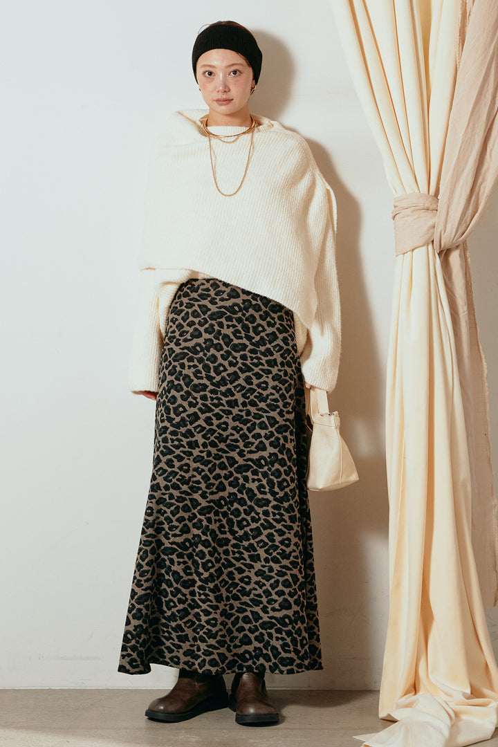 [SET]ケープデザインリブニットトップス+レオパードロングスカート(2set)
