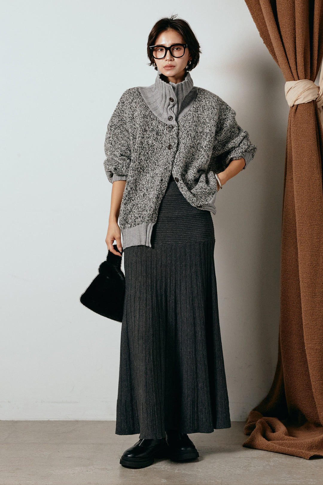 [SET]ハイネックミックスニットカーディガン+編み地切り替えフレアニットスカート(2set)