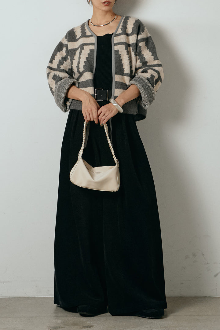 [SET]ノーカラー幾何学模様アウター+ベルトループコーデュロイワイドパンツ(2set)