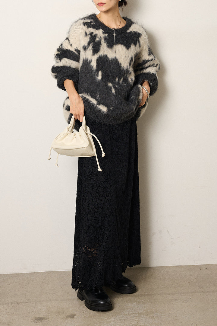 [SET]モヘアタッチマーブルニット+花柄刺繍ベロアフレアスカート(2set)