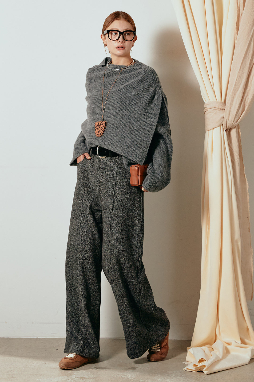 [SET]ケープデザインリブニットトップス+太ベルト付きツイードワイドパンツ(2set)