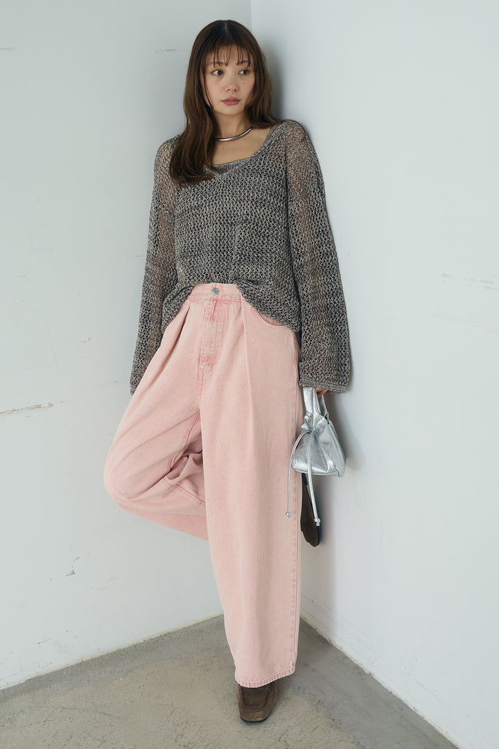 [SET]メッシュ編みビスチェセットVネックプルオーバー+カラーデニムタックカーブパンツ(2set)