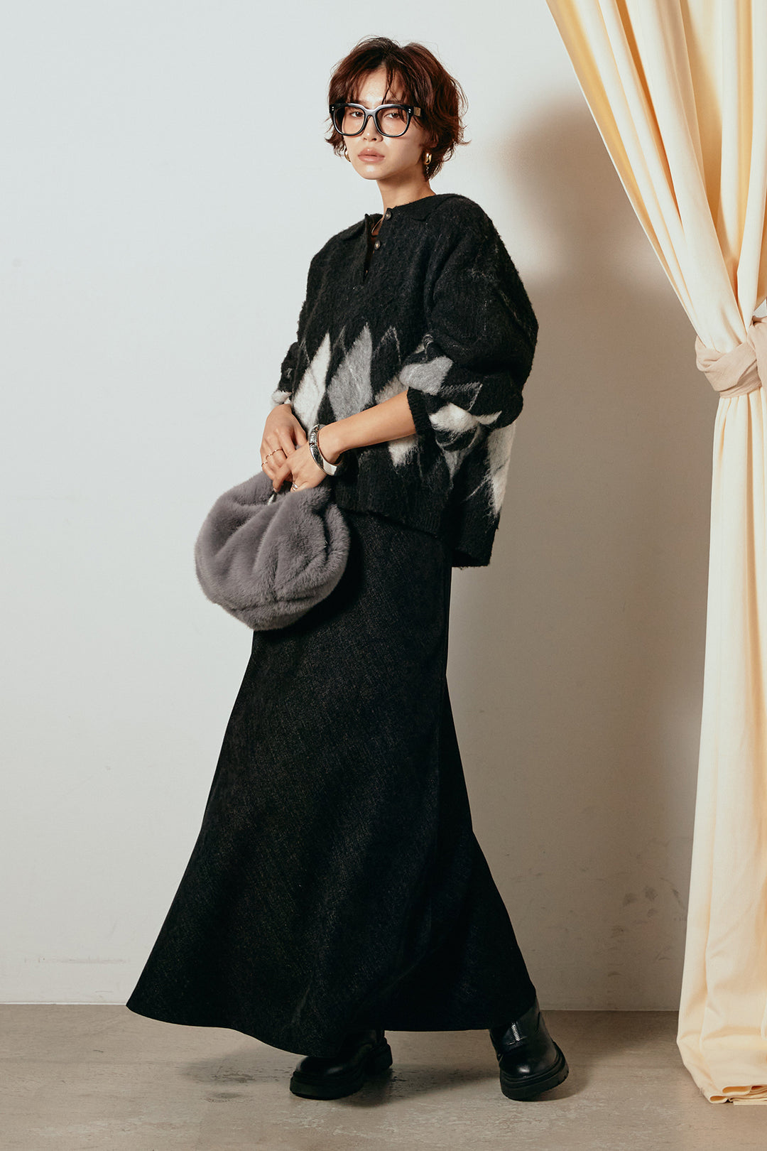 [SET]アーガイル柄ポロニットトップス+スウェードライクロングスカート(2set)