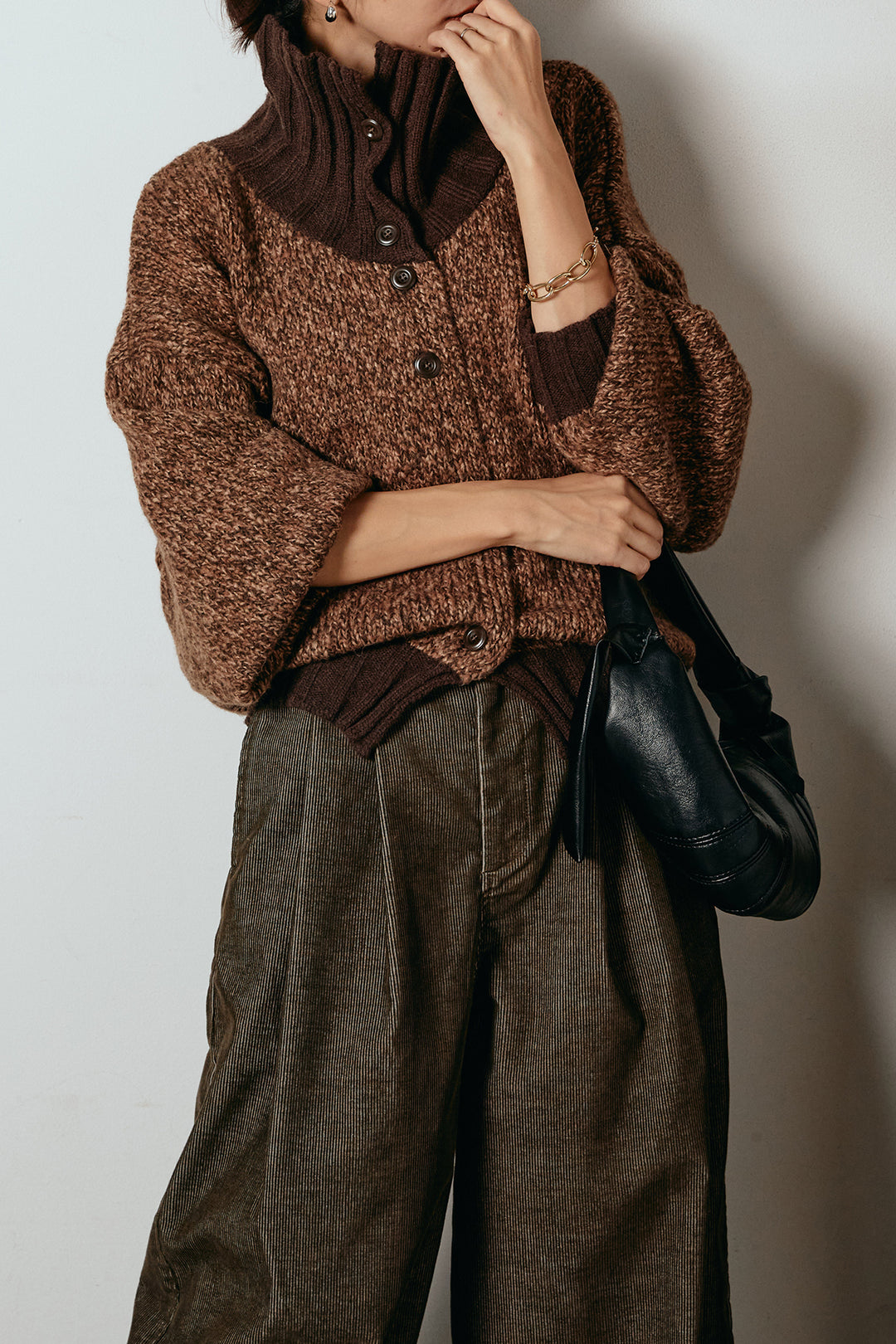 [SET]ハイネックミックスニットカーディガン+フロントタック入りコーデュロイパンツ(2set)