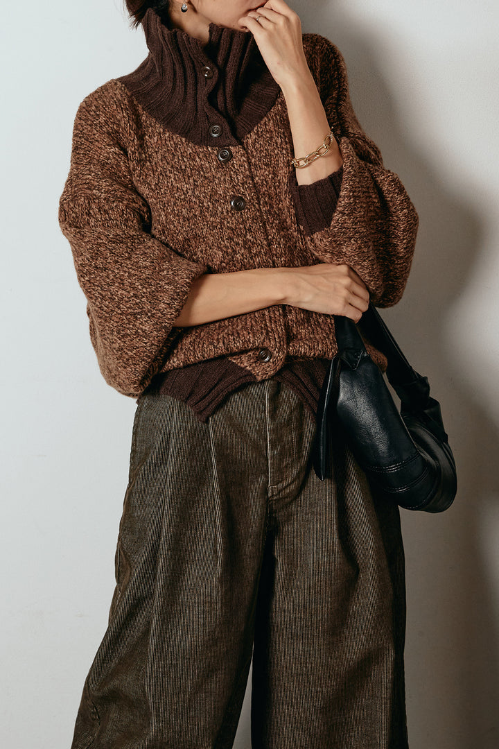 [SET]ハイネックミックスニットカーディガン+フロントタック入りコーデュロイパンツ(2set)