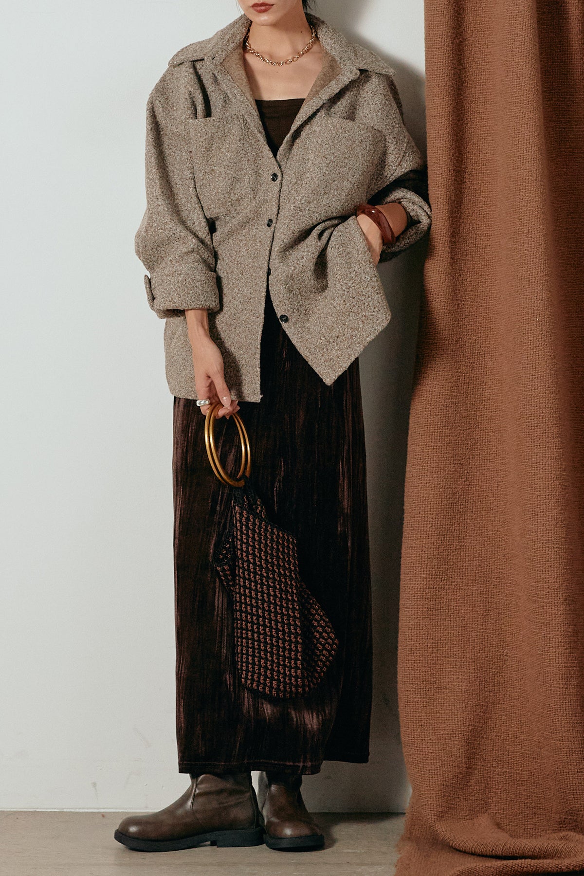 SET]フェイクプードルボアジャケット+クラッシュベロアスカート(2set