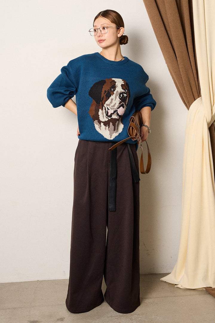 [SET]アニマルジャガード柄ニットトップス+巻ベルトウエストレザーライクワイドパンツ(2set)