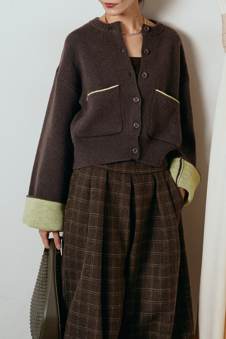 [SET]アルパカタッチダブルフェイスカーディガン+ウールライクチェックタックパンツ(2set)