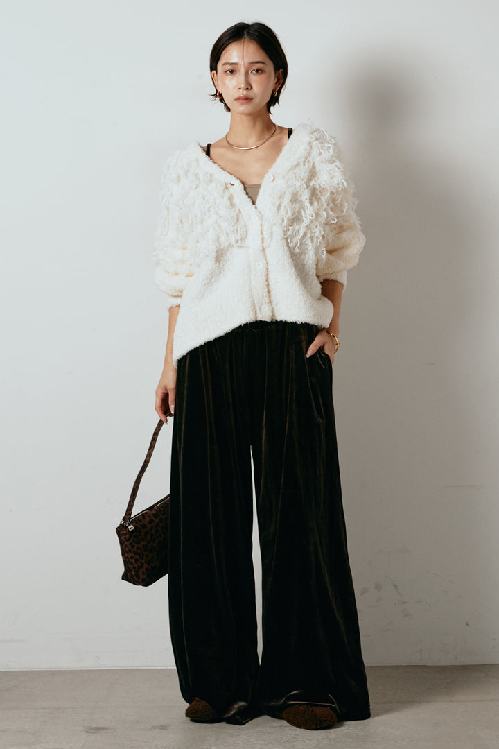 [SET]ループ編みVネックニットカーディガン+ベロアサスペンダー付きパンツ(2set)