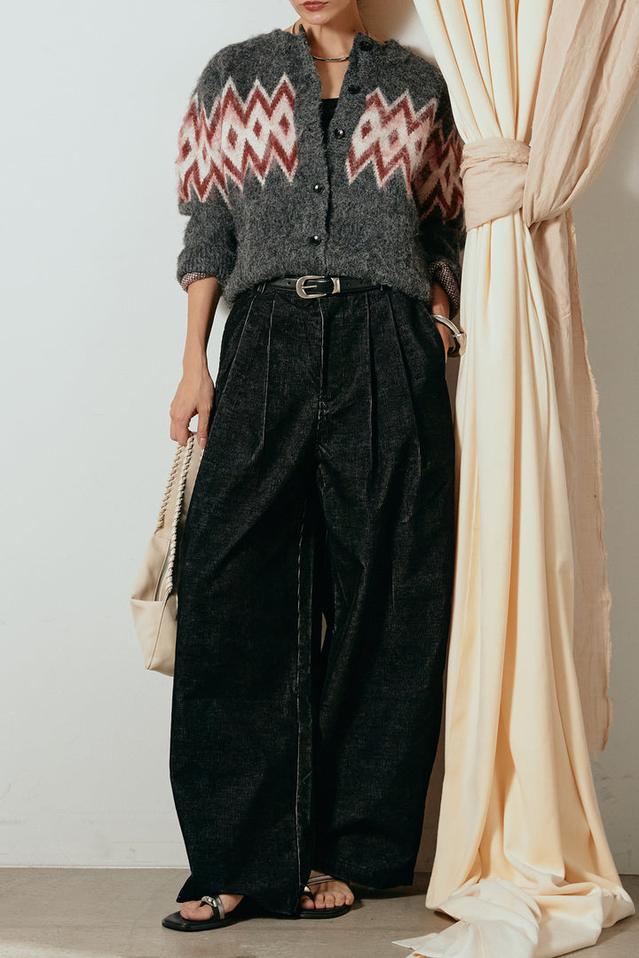 [SET]起毛ノルディック柄ニットカーディガン+フロントタック入りコーデュロイパンツ(2set)