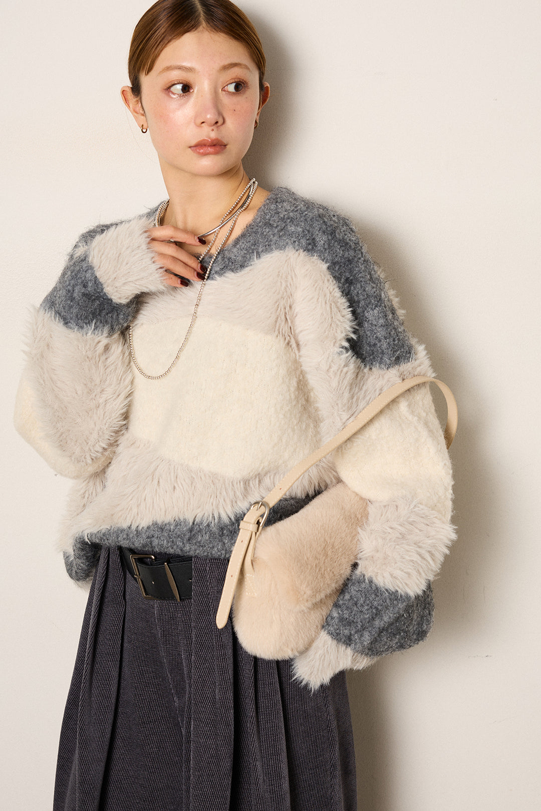 [SET]シャギーウェーブ柄クルーネックニットトップス+ベルトループコーデュロイワイドパンツ(2set)