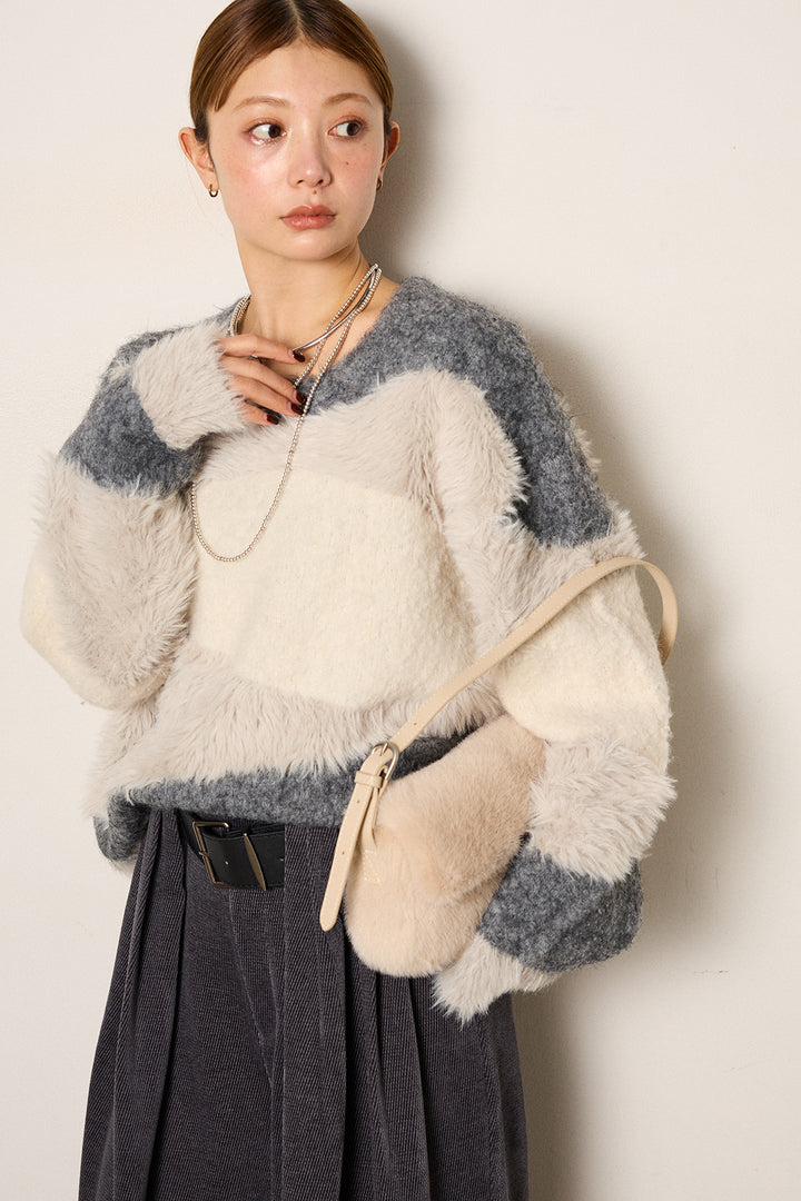 [SET]シャギーウェーブ柄クルーネックニットトップス+ベルトループコーデュロイワイドパンツ(2set)