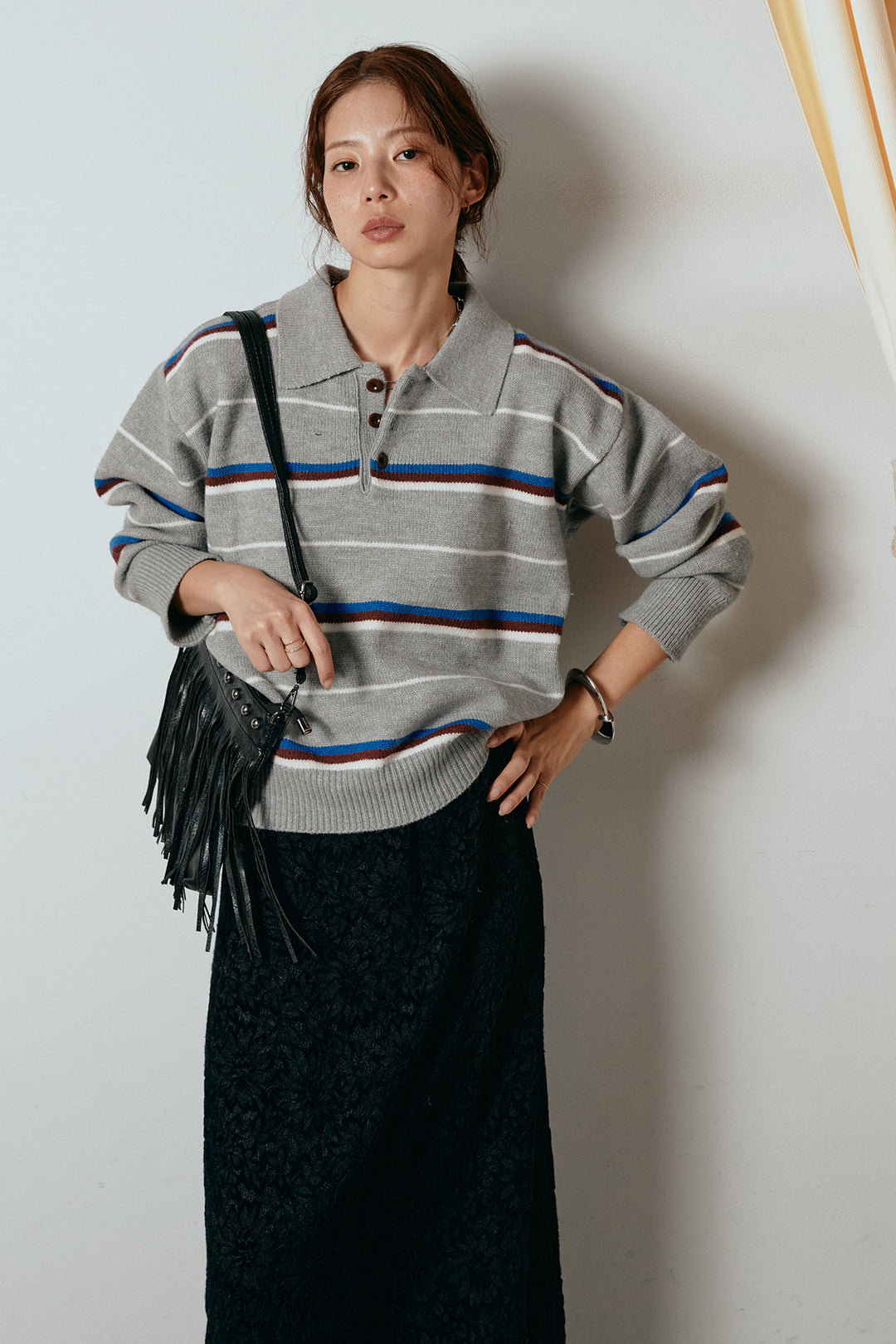 [SET]襟付きマルチボーダーニットポロトップス+花柄刺繍ベロアフレアスカート(2set)