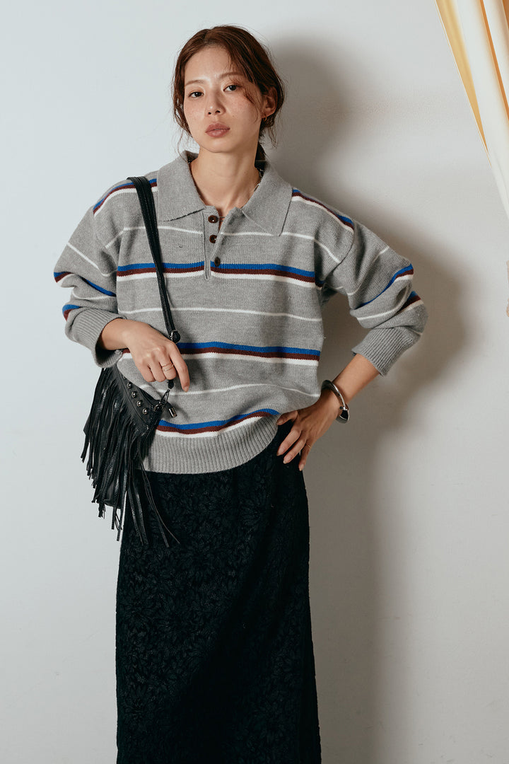 [SET]襟付きマルチボーダーニットポロトップス+花柄刺繍ベロアフレアスカート(2set)