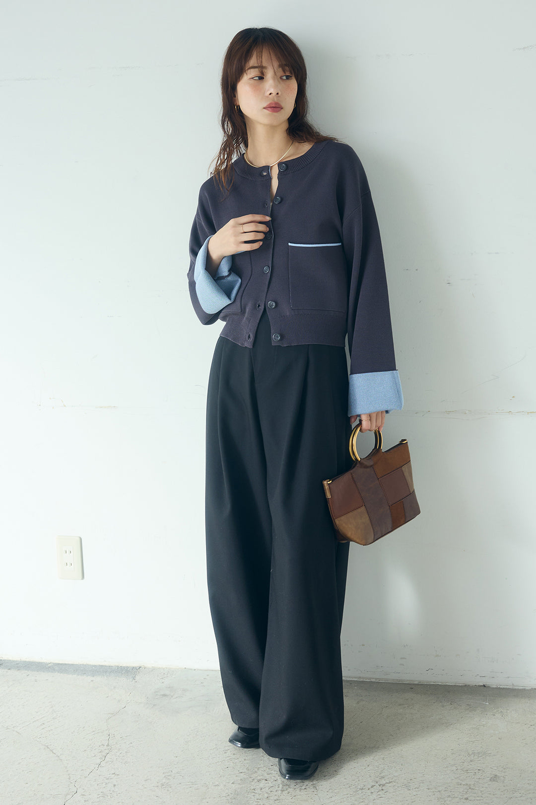 [SET]レーヨンポリダブルフェイスカーディガン+サイドベルトタック入りスラックス(2set)