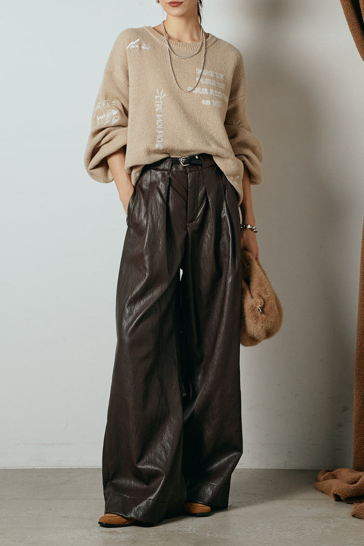 [SET]刺繍ロゴランダムデザインニットトップス+ベルト付きレザーライクタックパンツ(2set)