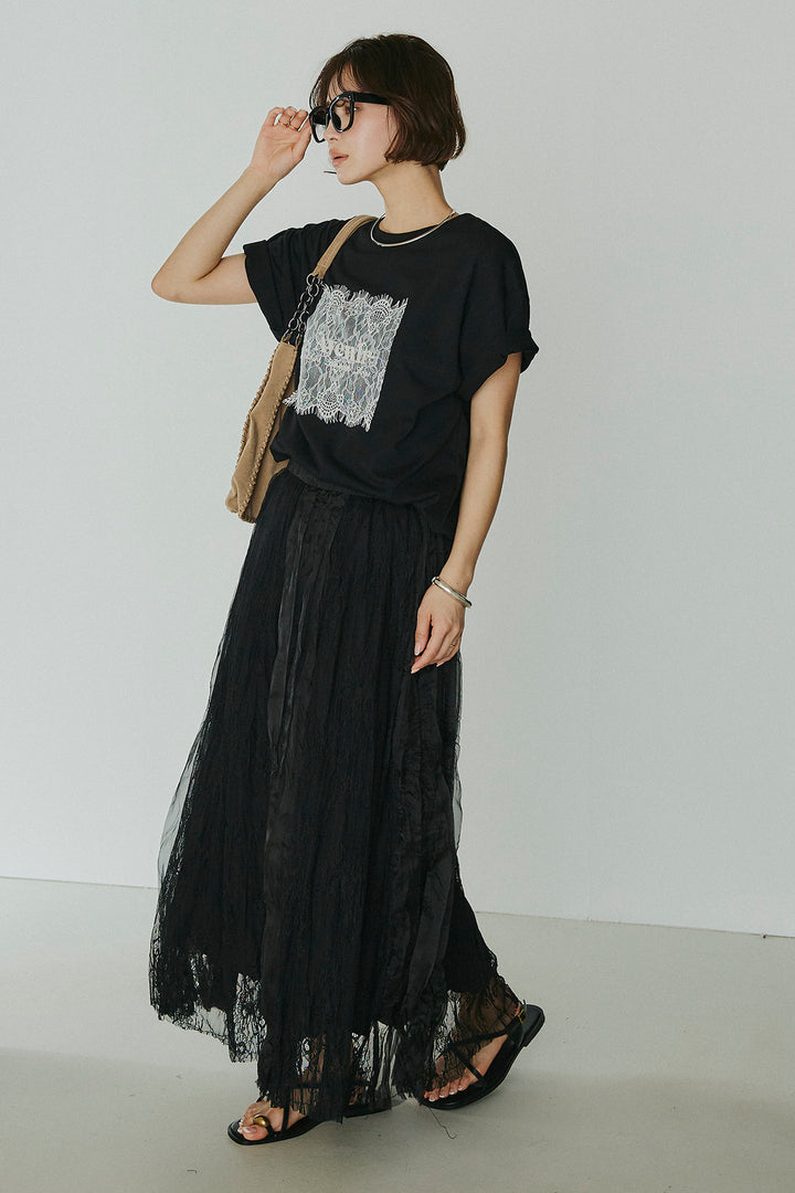 [SET]レースロゴ刺繍Tシャツ+レースコンビワッシャーギャザースカート(2set)