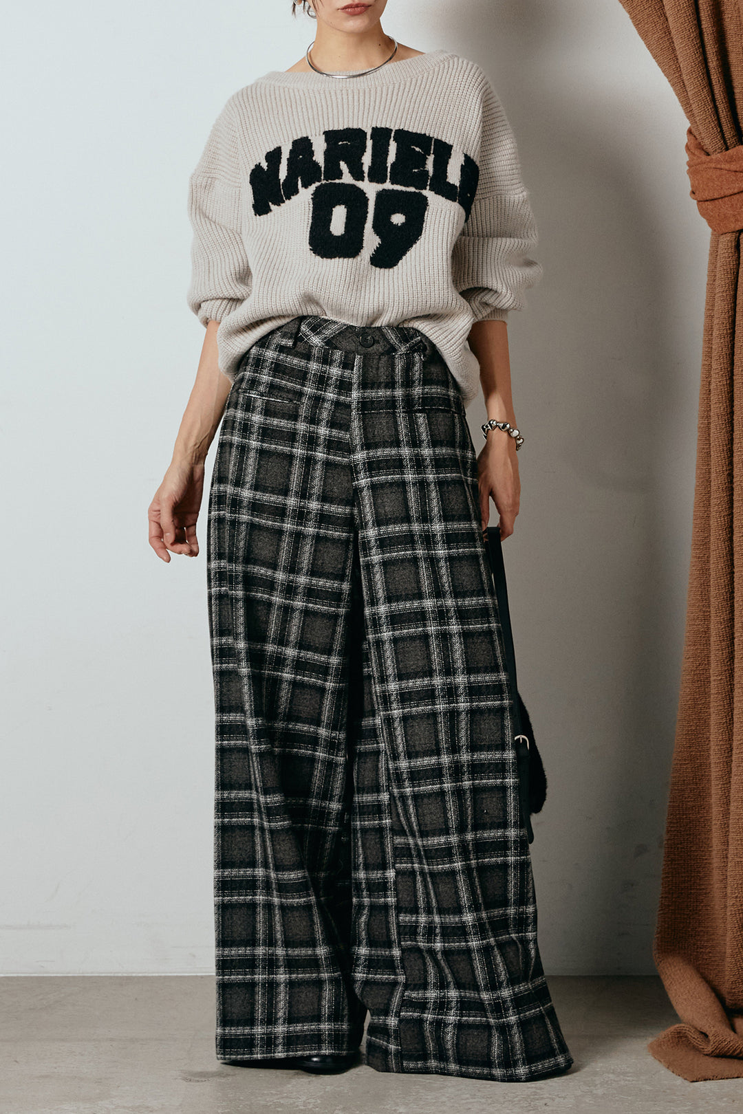 [SET]ロゴジャガードニットトップス+ルーズタータンチェックワイドパンツ(2set)