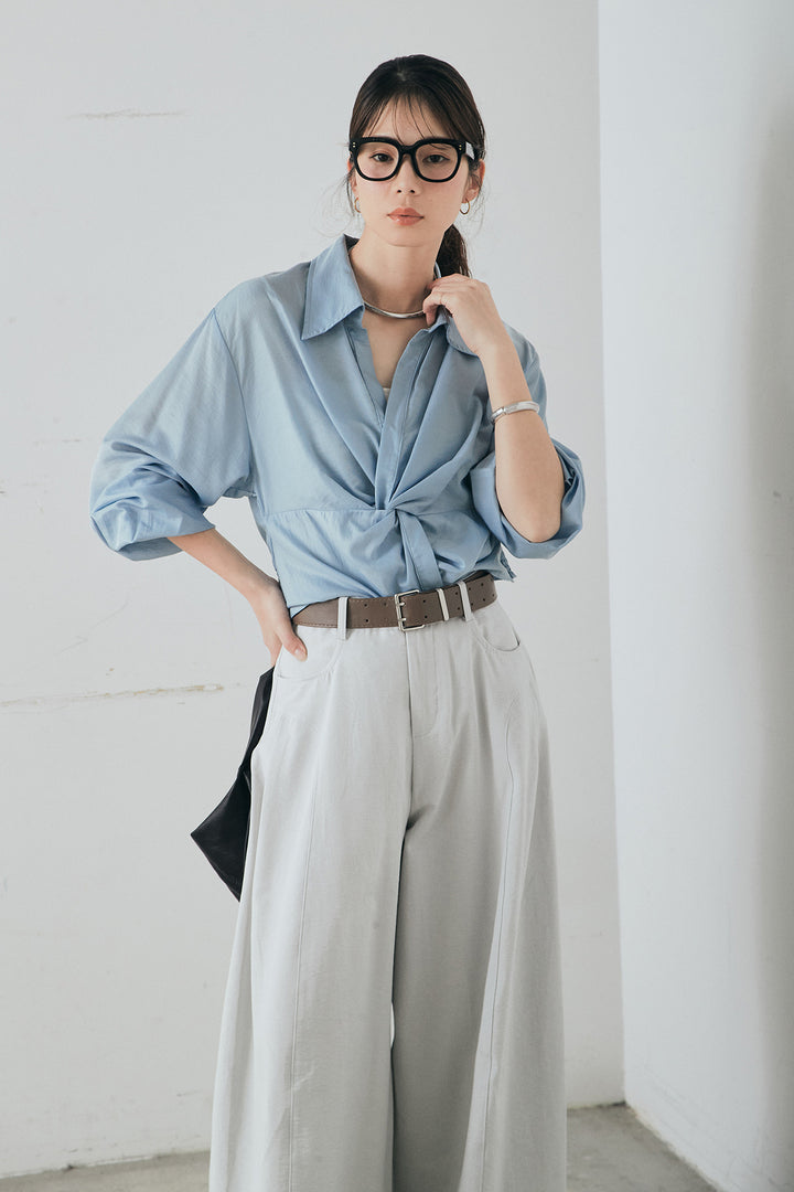 [SET]裾巻きツイストデザインシャツ+ベルト付きサイドタックワイドパンツ(2set)