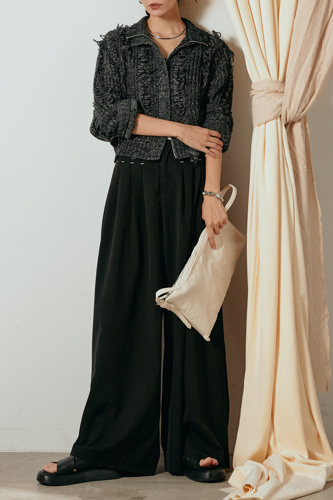 [SET]ハイネックフリンジジップニットトップス+ウエストステッチデザインワイドスラックス(2set)