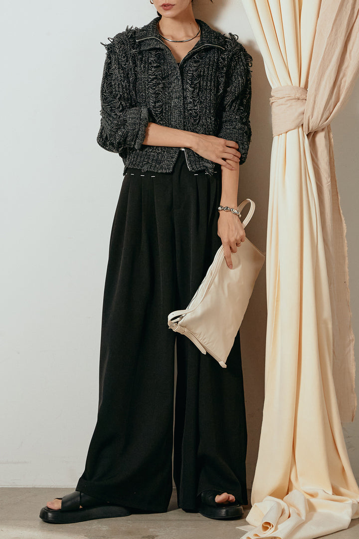 [SET]ハイネックフリンジジップニットトップス+ウエストステッチデザインワイドスラックス(2set)