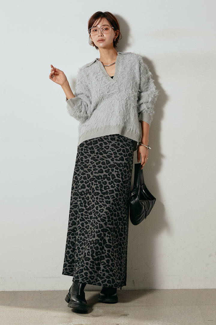 [SET]襟付きシャギーニットポロトップス+レオパードロングスカート(2set)