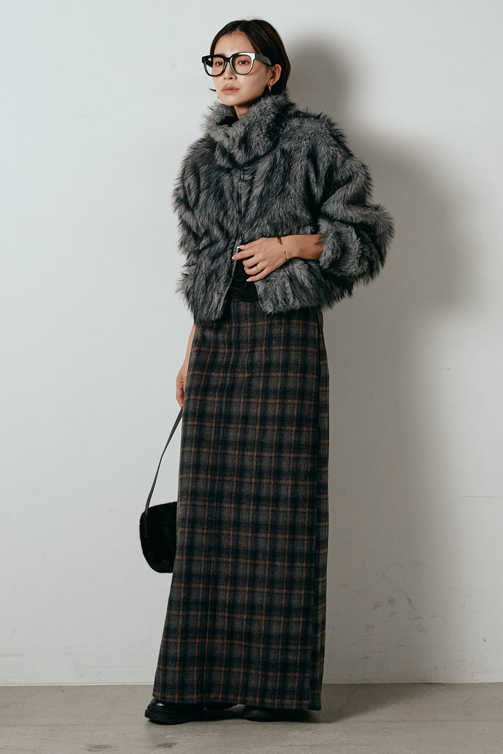 [SET]エコファーショート丈ブルゾン+シャギーチェックストレートスカート(2set)