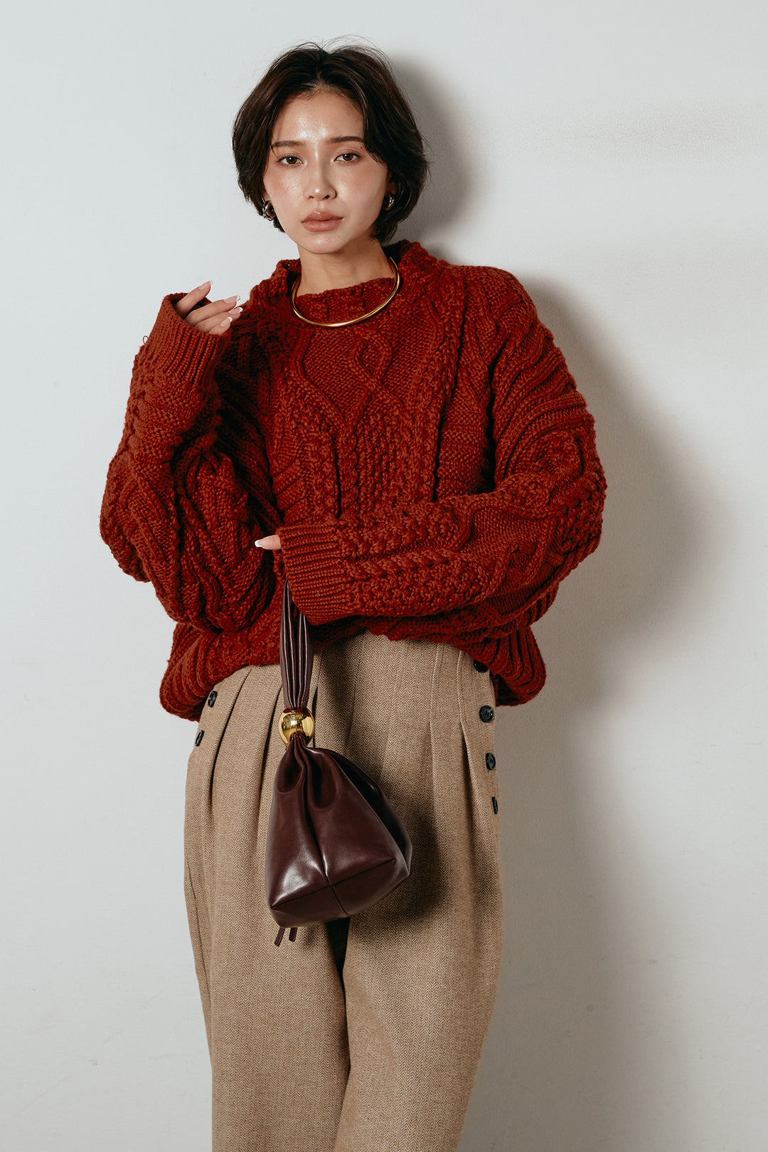 [SET]アラン柄ミックスケーブルニット+サイドボタンツイードタックパンツ(2set)