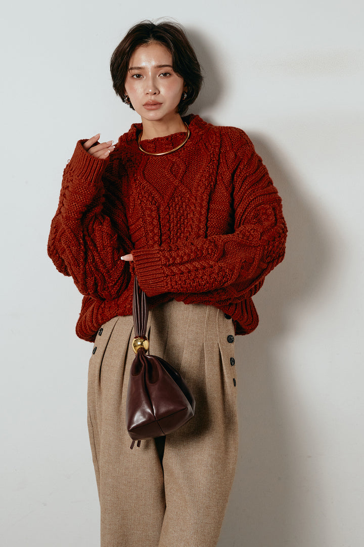 [SET]アラン柄ミックスケーブルニット+サイドボタンツイードタックパンツ(2set)