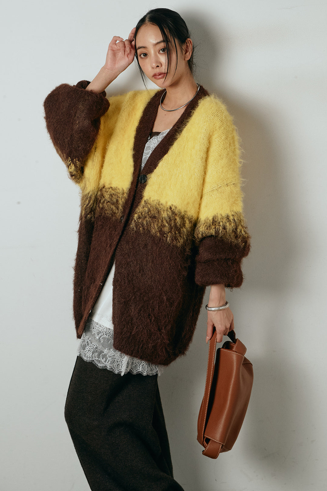 [SET]起毛グラデーションニットカーディガン+レース切り替えキャミソール+センターラインニットパンツ(3set)