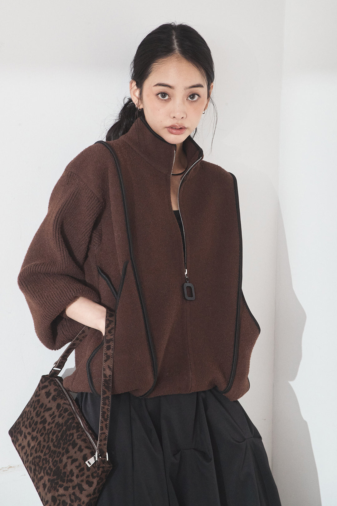 [SET]ハイネックパイピングデザインブルゾン+ランダムタックバルーンスカート(2set)