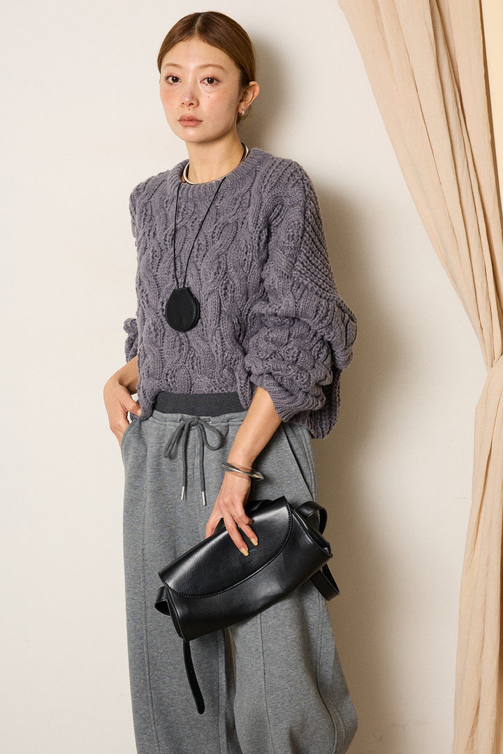 [SET]ケーブルリラックスショートニット+スウェットワイドカーブパンツ(2set)