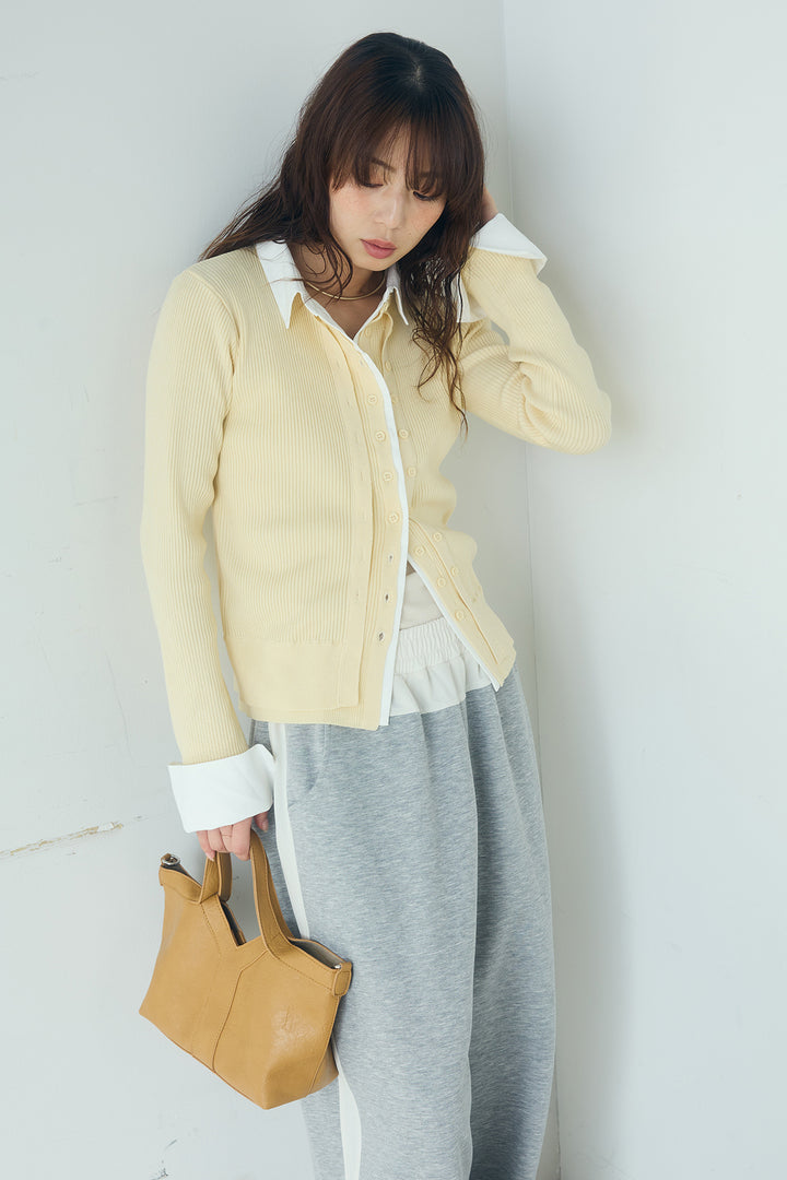 [SET]シャツドッキングボタンニットカーディガン+異素材切り替えスウェットパンツ(2set)