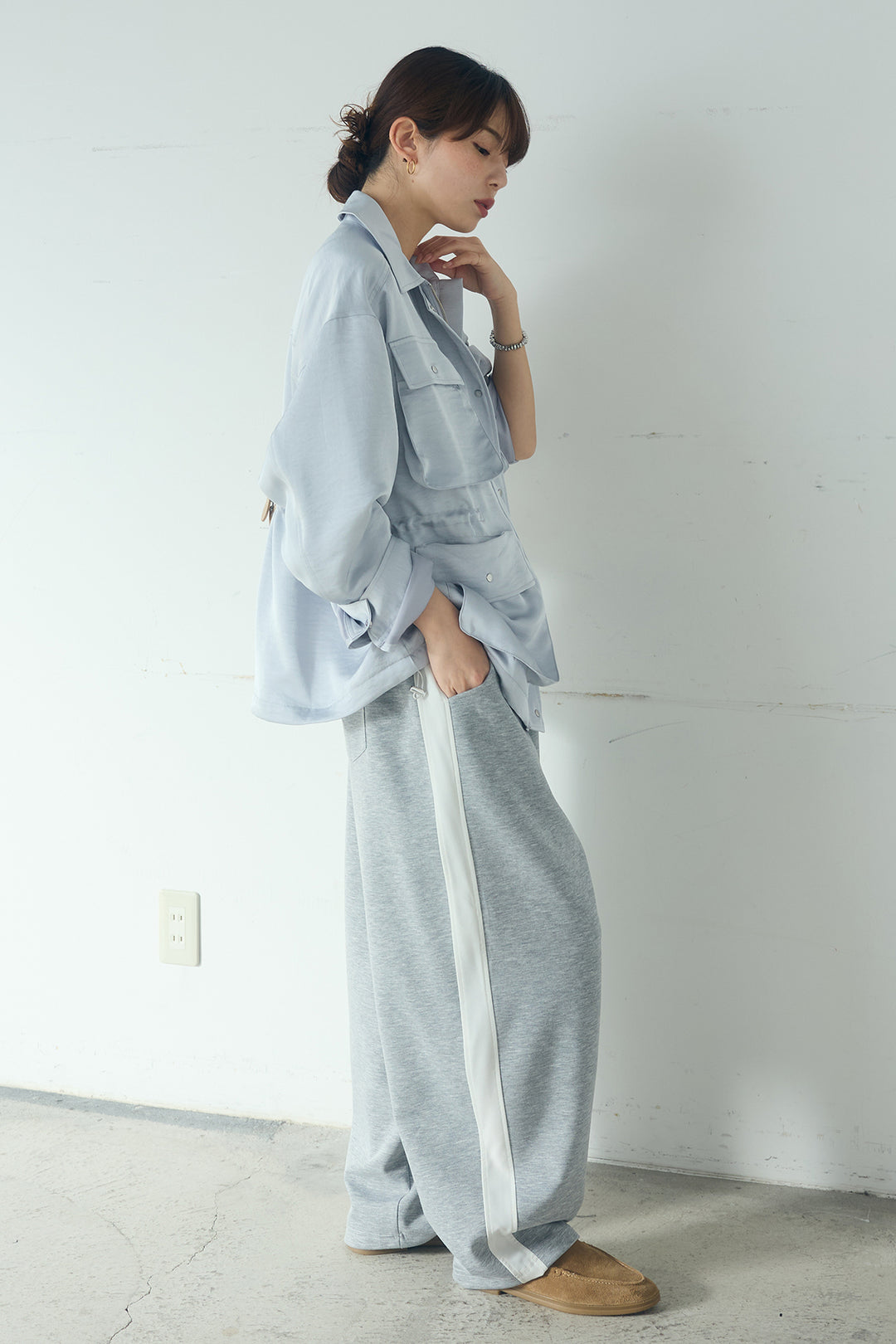 [SET]サテンライトブルゾン+異素材切り替えスウェットパンツ(2set)