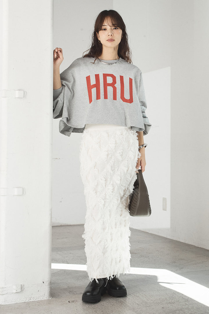 [SET]ビッグロゴHRU袖ボリュームトップス+カットフリンジニットタイトスカート(2set)