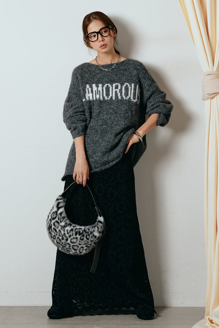 [SET]フロントロゴデザインニットトップス+花柄刺繍ベロアフレアスカート(2set)