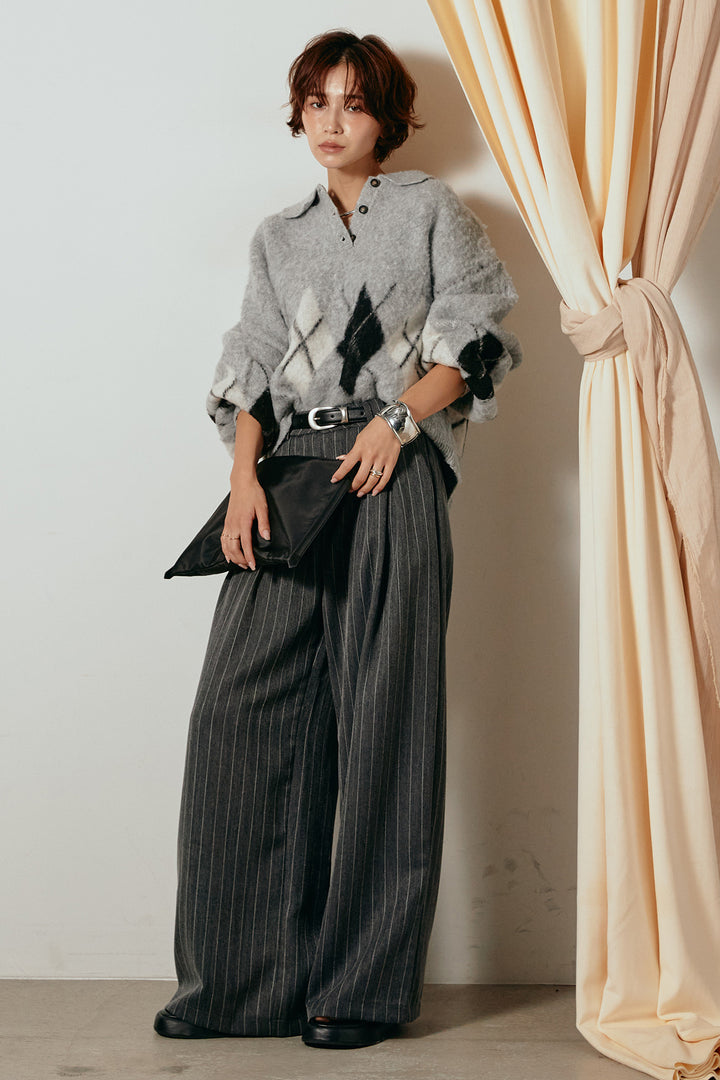 [SET]アーガイル柄ポロニットトップス+ストライプヘリンボーンパンツ(2set)