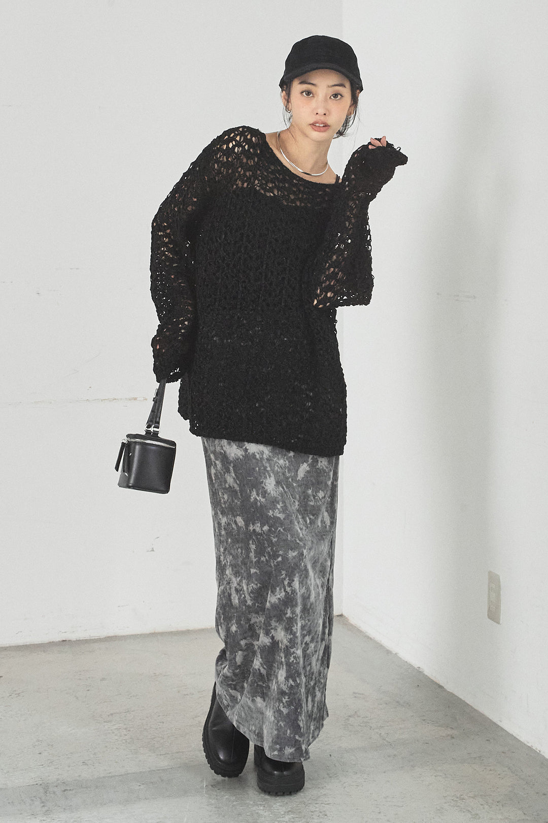 [SET]リラックスメッシュニットトップス+タイダイ柄ベロアワイドスカート(2set)