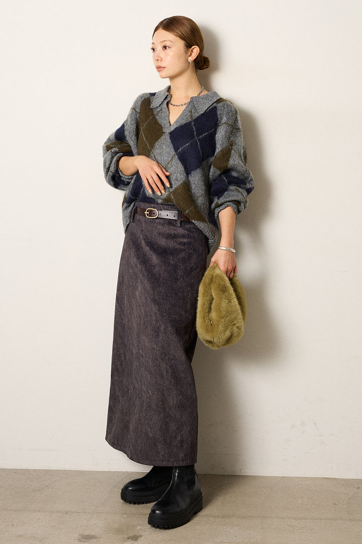 [SET]アクリルモヘアアーガイルキーネックプルオーバー+ロープベルト付きスウェード調スカート(2set)