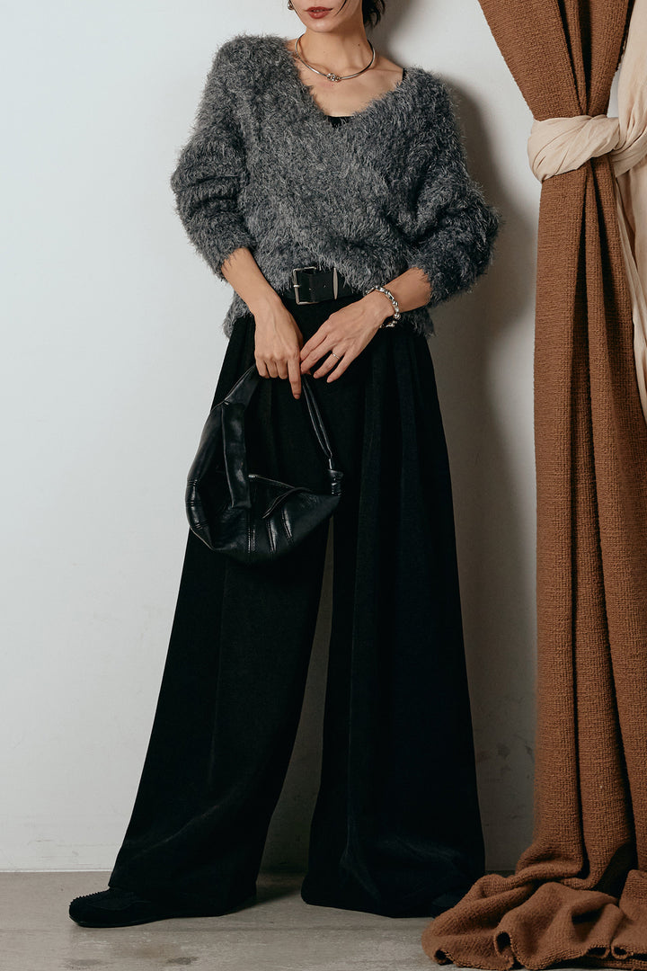 [SET]シャギークロスニットトップス+ベルトループコーデュロイワイドパンツ(2set)