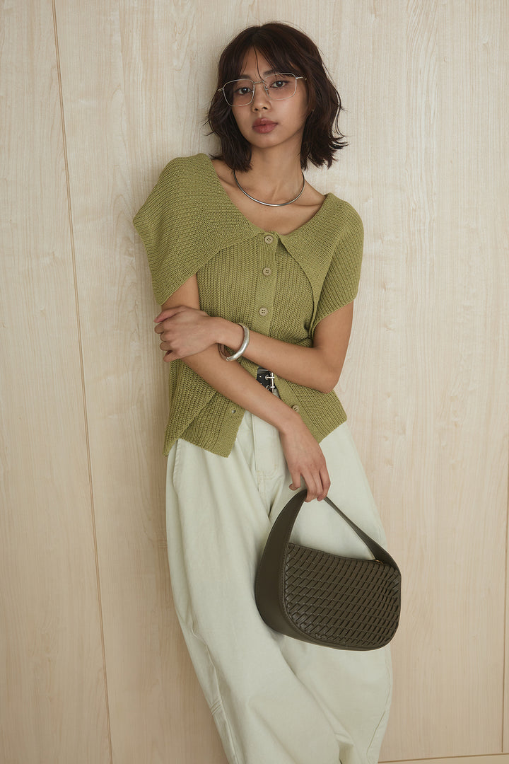 [SET]ビッグカラーボタンニットトップス+ベルト付きカラーデニムパンツ(2set)