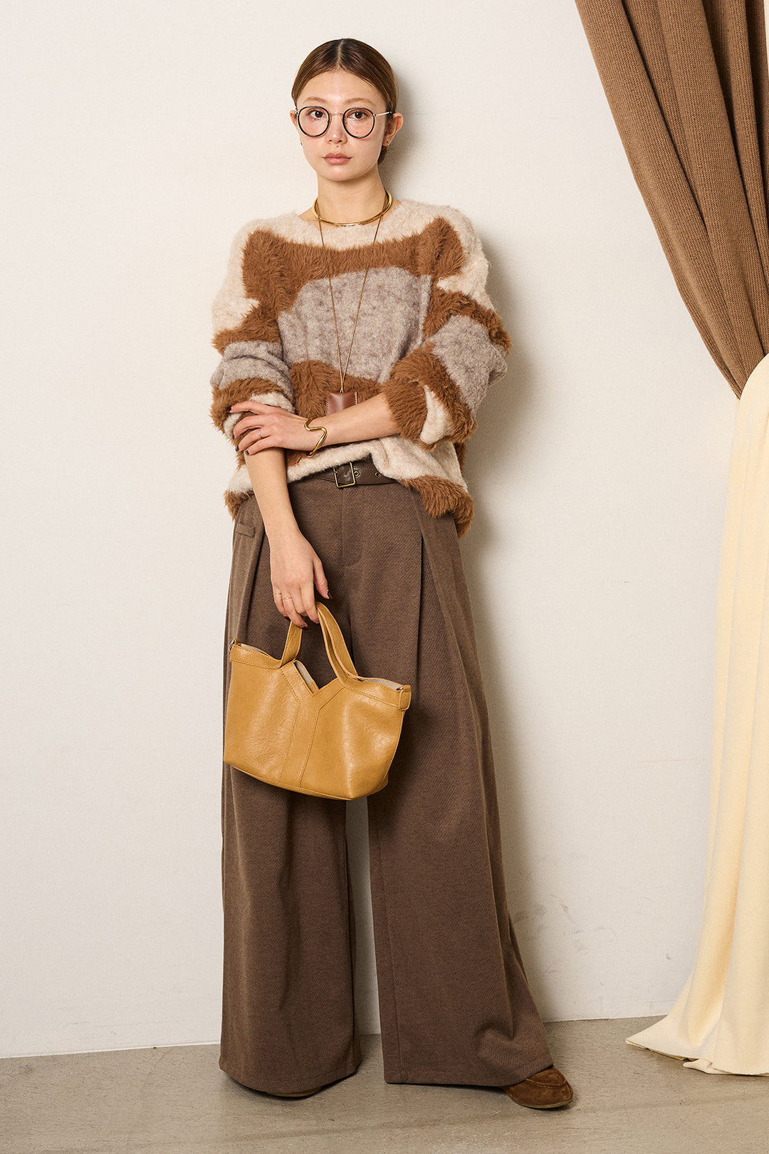 [SET]シャギーウェーブ柄クルーネックニットトップス+細ベルト付き起毛タックワイドパンツ(2set)