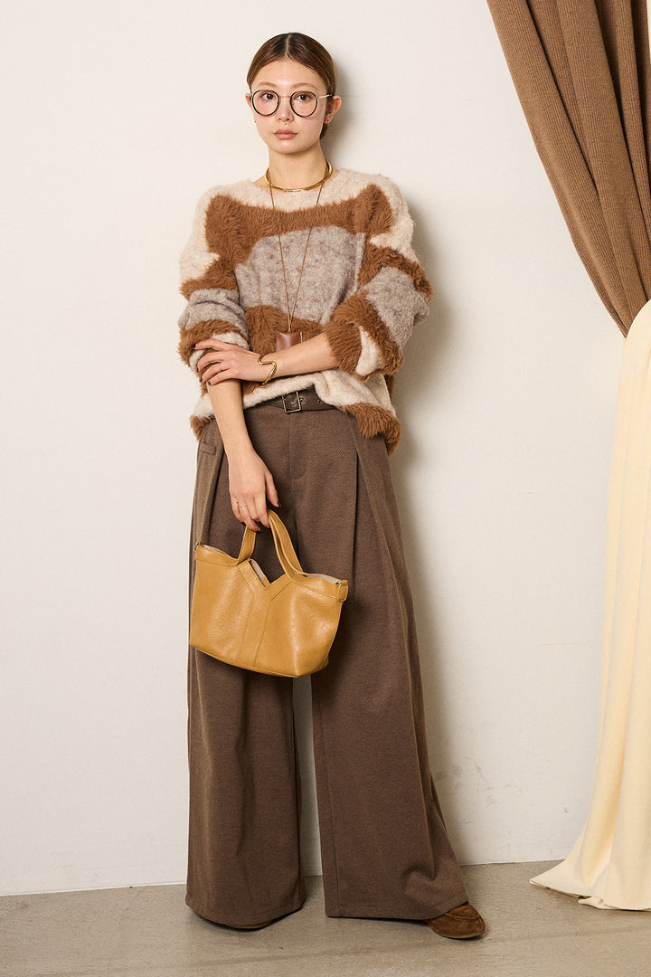 [SET]シャギーウェーブ柄クルーネックニットトップス+細ベルト付き起毛タックワイドパンツ(2set)