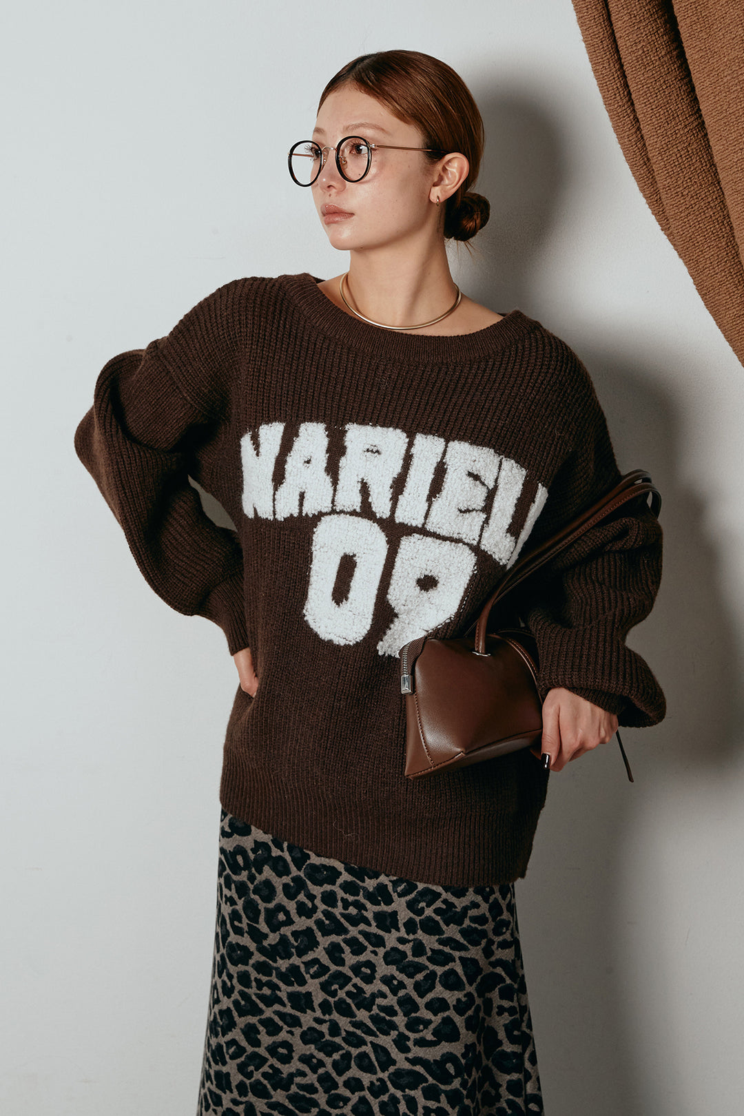 [SET]ロゴジャガードニットトップス+レオパードロングスカート(2set)