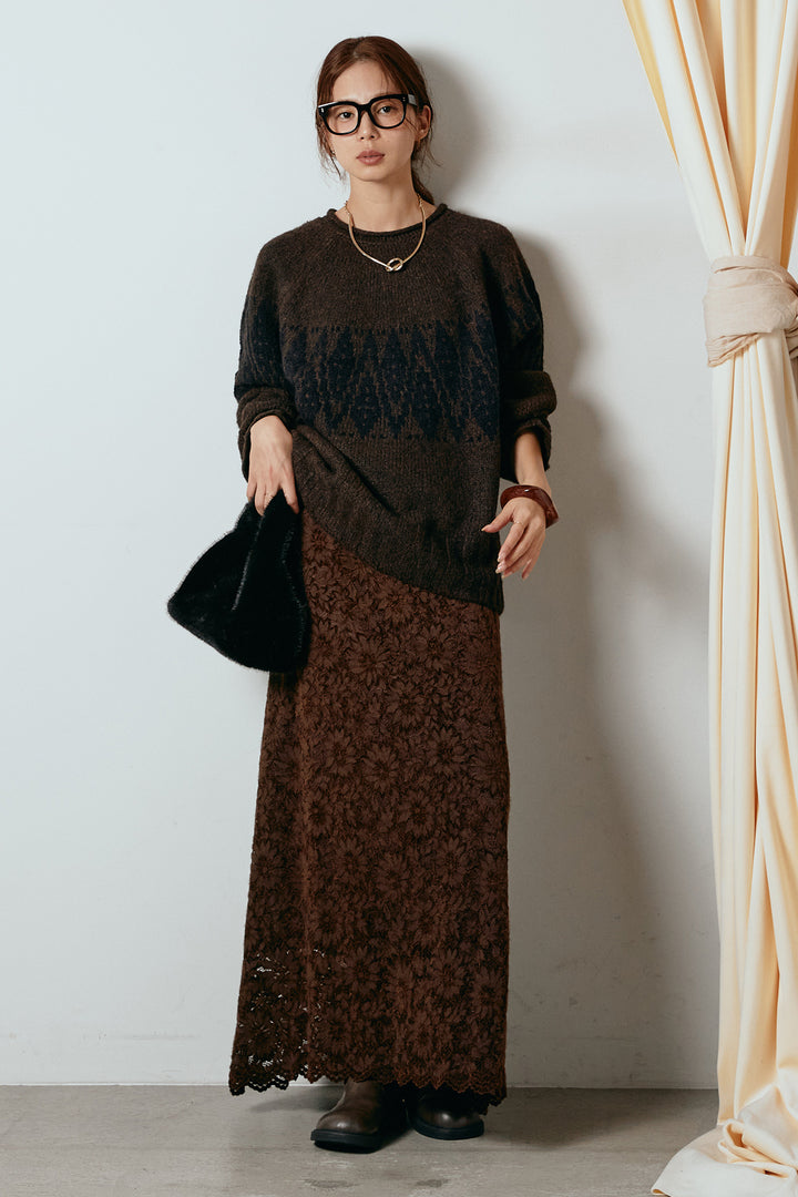 [SET]モノトーン柄ニットトップス+花柄刺繍ベロアフレアスカート(2set)