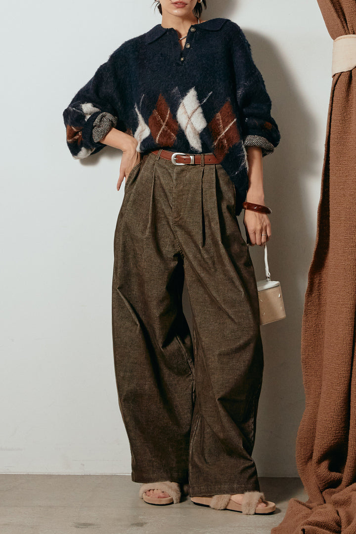 [SET]アーガイル柄ポロニットトップス+フロントタック入りコーデュロイパンツ(2set)