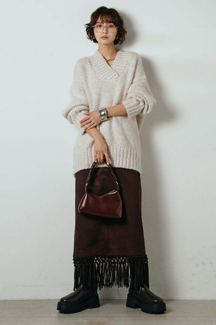 [SET]Vネックラメニットトップス+スウェードライク裾フリンジスカート(2set)
