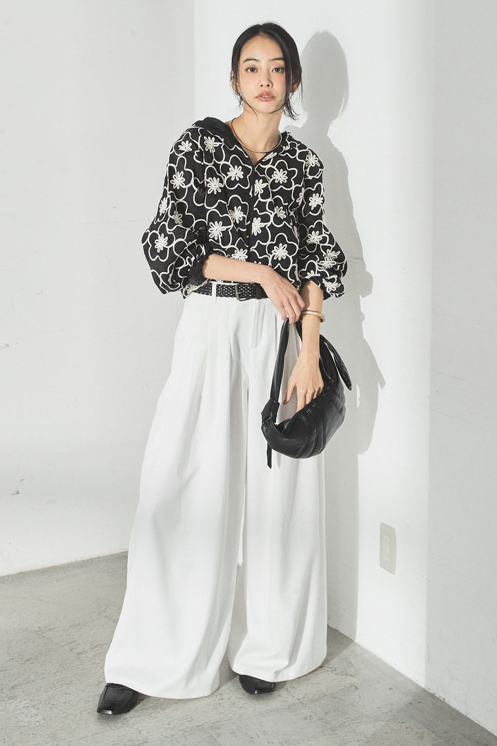 [SET]シアーフラワーフードブルゾン+編みベルト付きウエストタックワイドパンツ(2set)