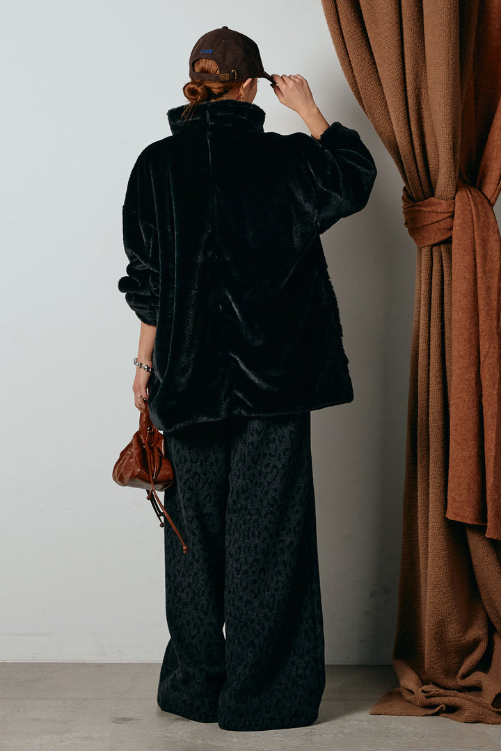 [SET]スタンドネックファーコート+レオパードジャガードニットパンツ(2set)