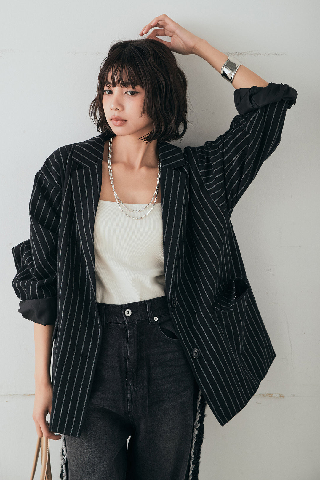 [SET]リネンライクストライプテーラードジャケット+デニムサイドフリルパンツ(2set)